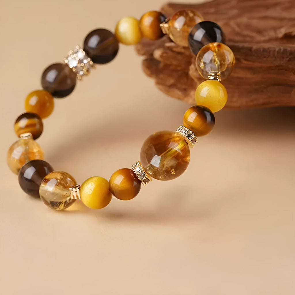 Yellow Tiger-eye crystal bracelet with 10mm geometric tower beads on wrist