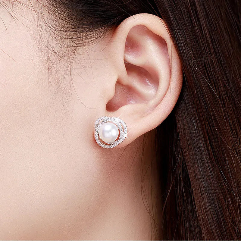 Diamond rose pearl stud earrings in white gold colour with rhinestone inlay on copper base