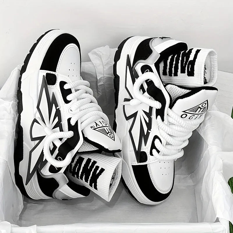 Men's white chunky sneakers with cartoon design, thick rubber sole, and lace-up front.