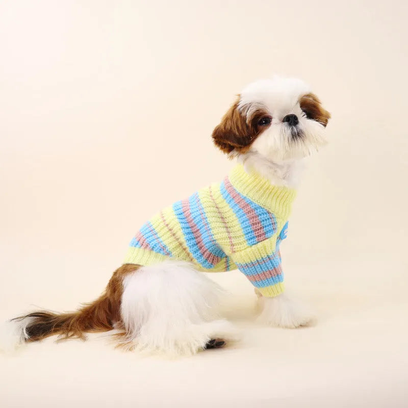 Blue and yellow striped wool dog sweater for small breeds in casual style