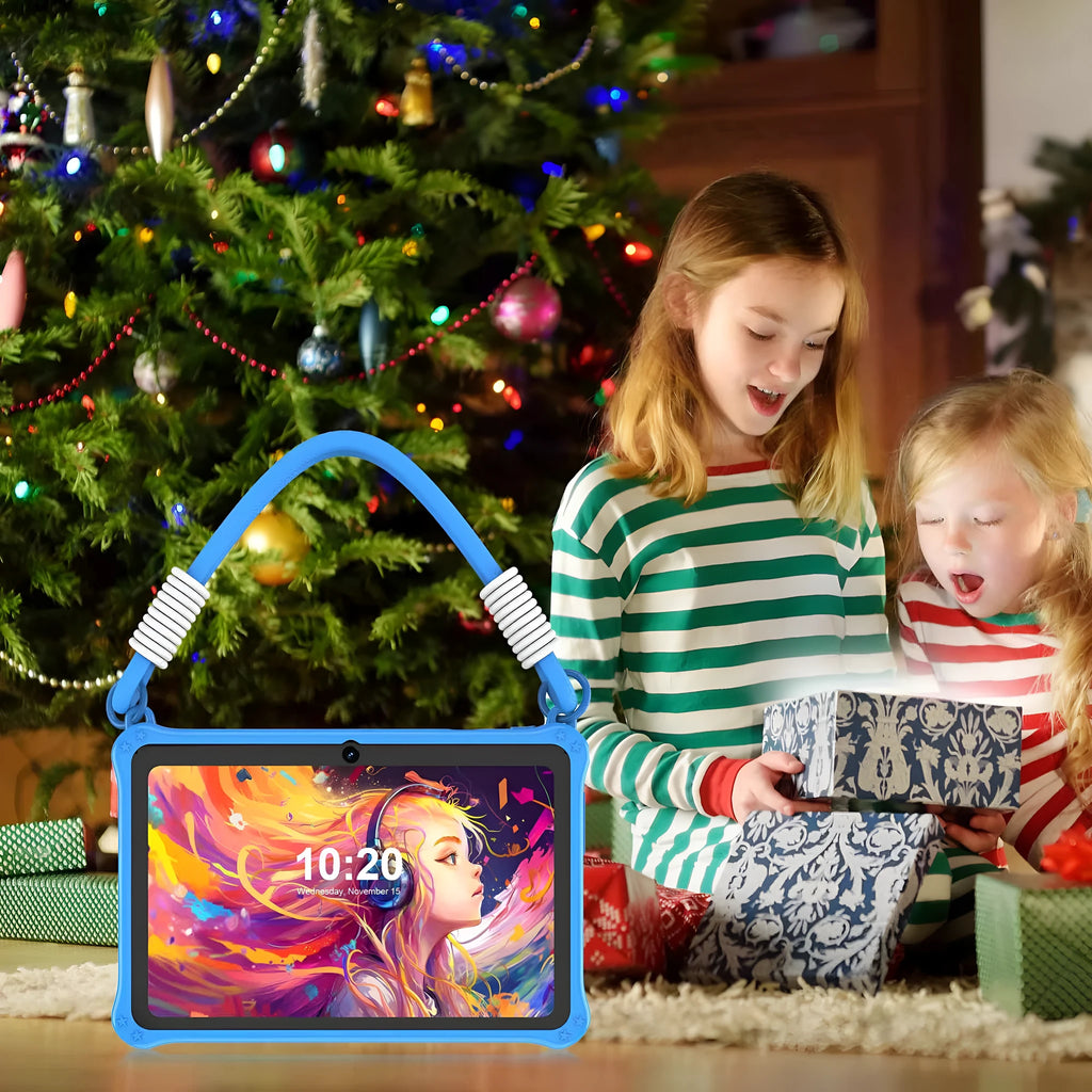 Blue silicone protective case with strap for a 7-inch children's tablet, shown alongside accessories.