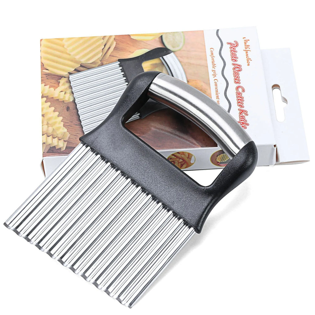 Stainless steel potato wave knife kitchen tool on a wooden surface.