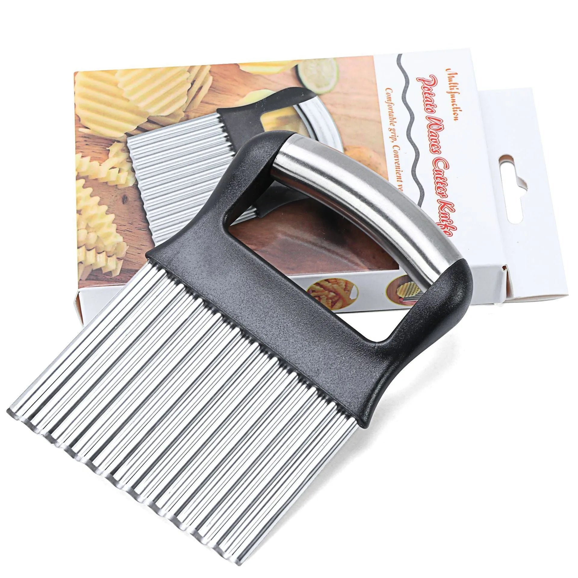 Stainless steel potato wave knife kitchen tool on a wooden surface.