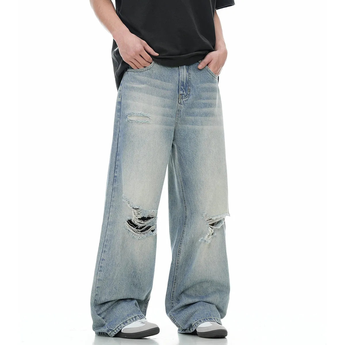 Blue straight-leg men's jeans with retro ripped detailing on cotton blend fabric