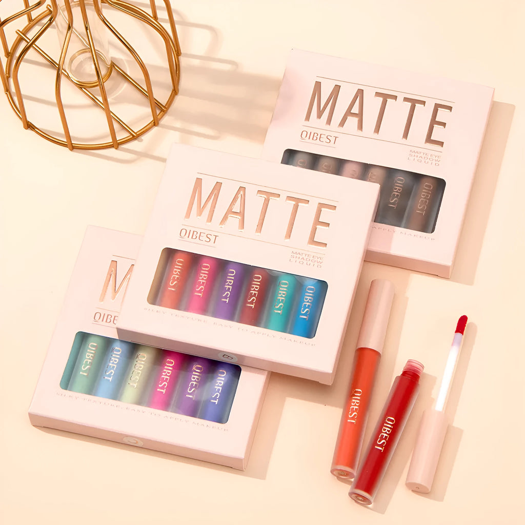 Matte liquid eyeshadow set of 8 khaki-toned pots in a box for contouring and face refinement
