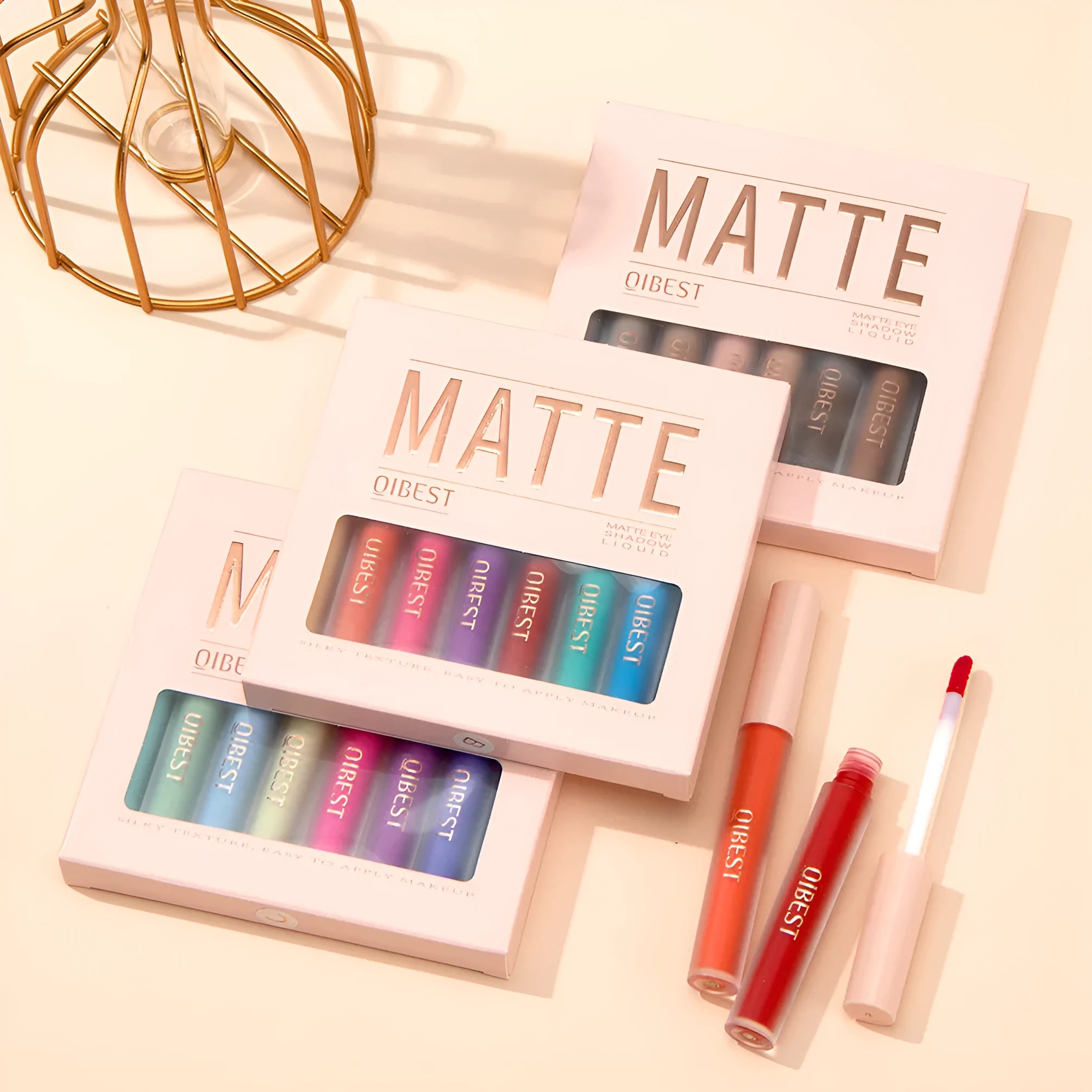 Matte liquid eyeshadow set of 8 khaki-toned pots in a box for contouring and face refinement
