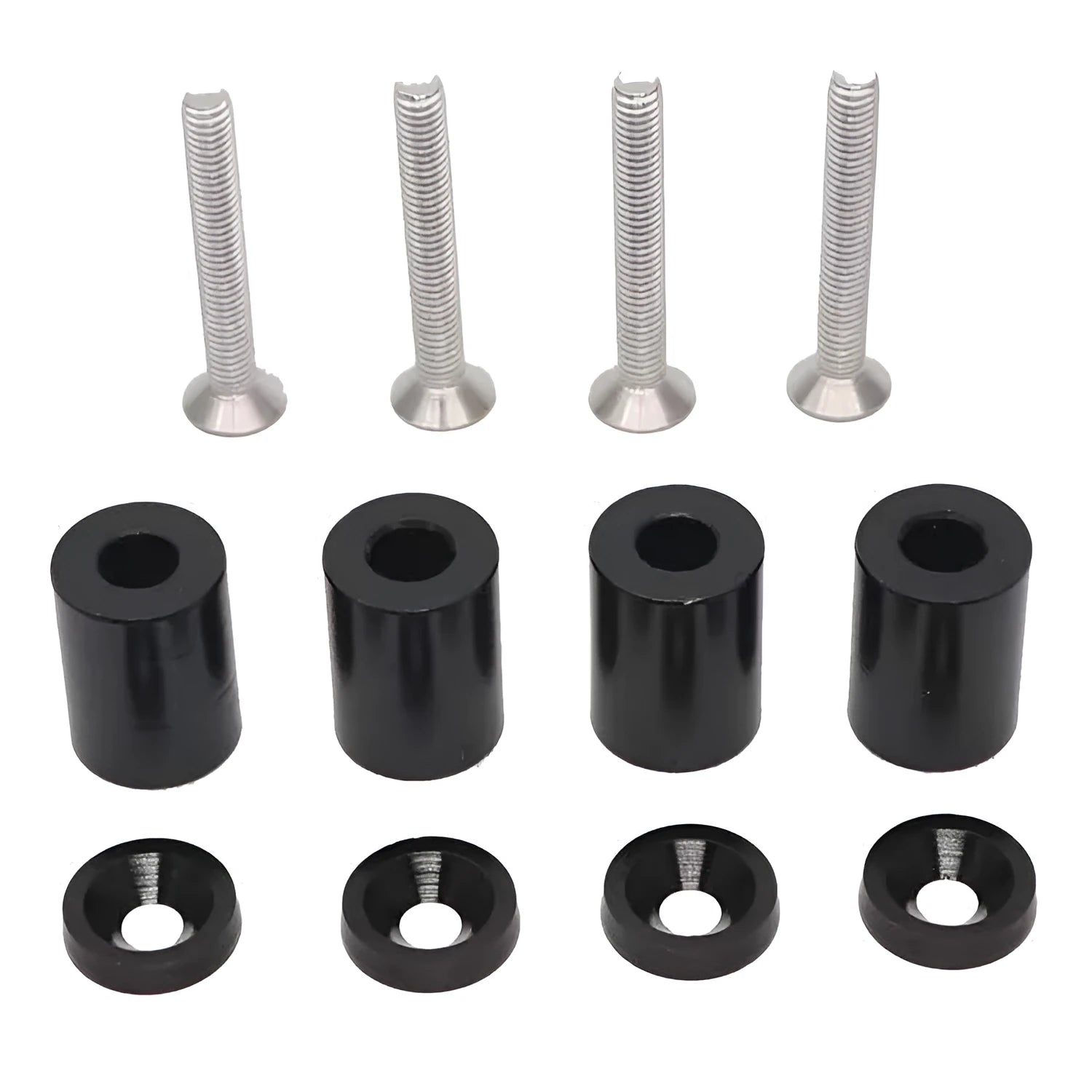 Aluminium alloy engine cover spacer kit with screws, nuts, washers in red, blue, black colours for 6mm 8mm car apertures.