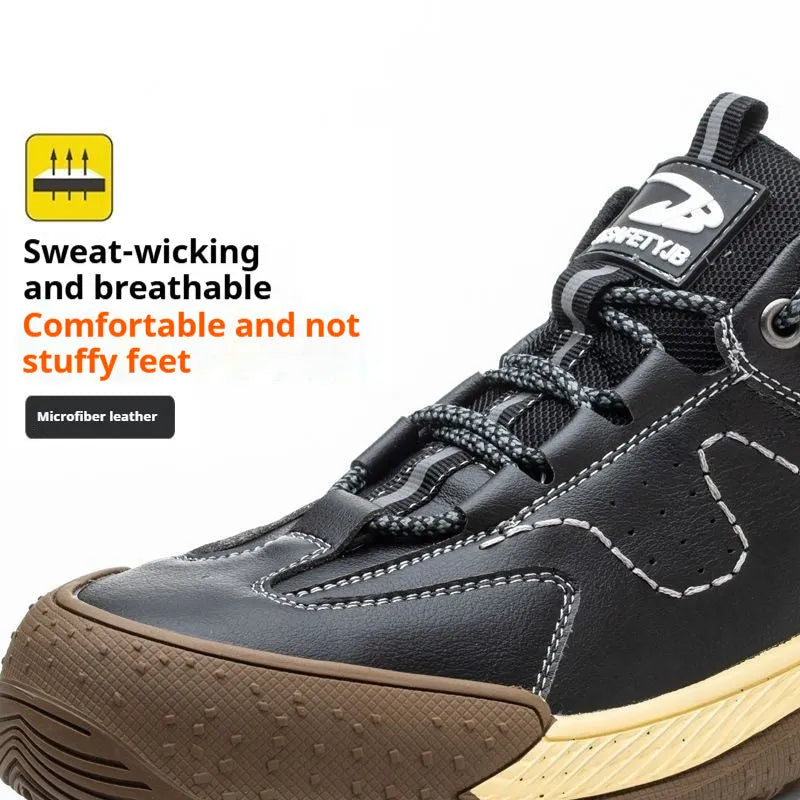 Men's black leather work safety shoe with Flyknit panel and rubber sole on a grey background.