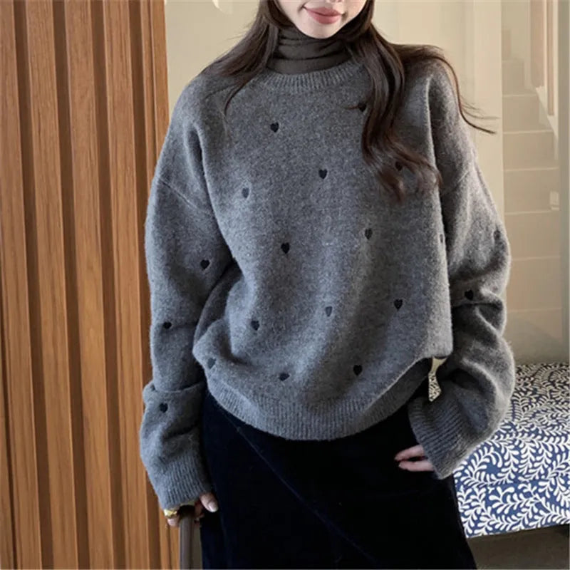 Women's acrylic pullover sweater with embroidery detail in loose fit free size design