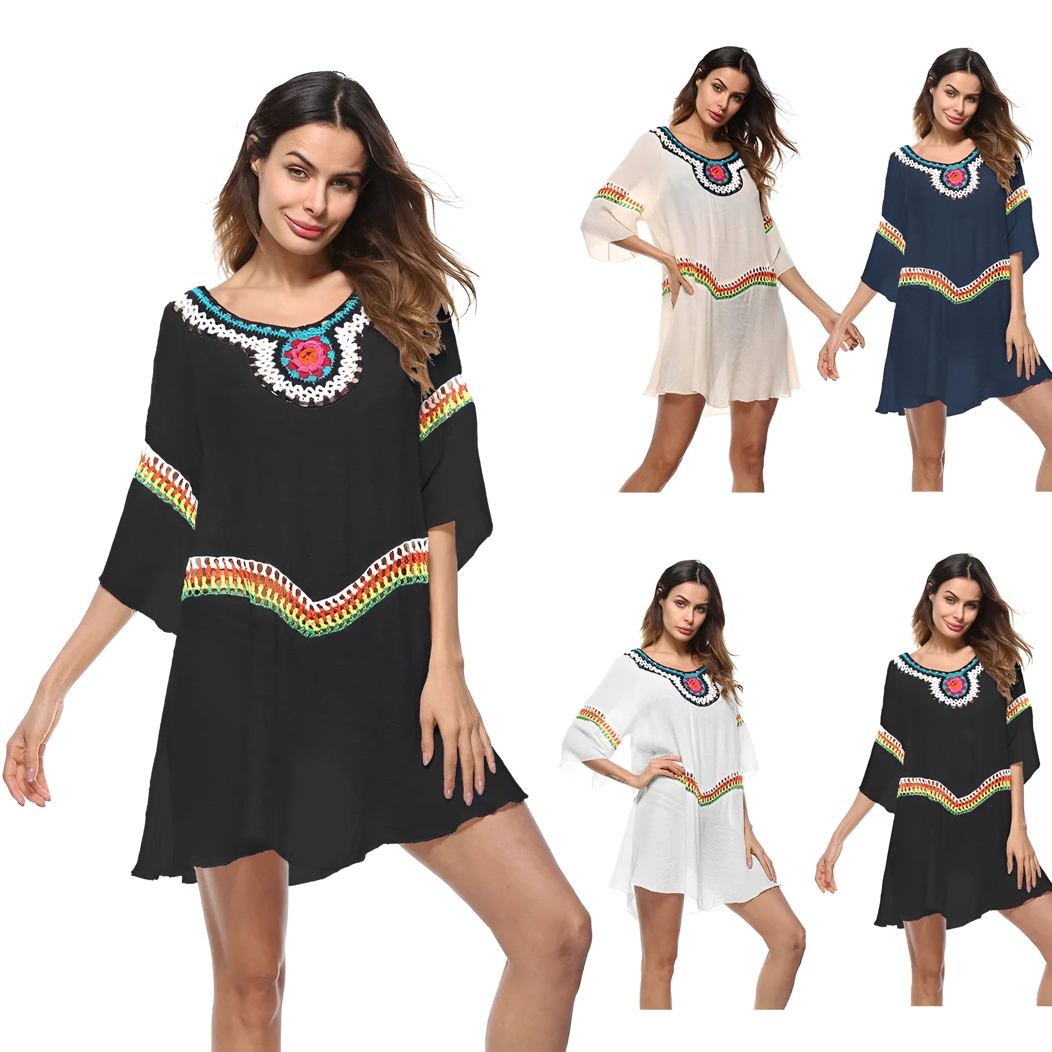 Crocheted ethnic style sun protection beach cover-up for women in apricot colour.