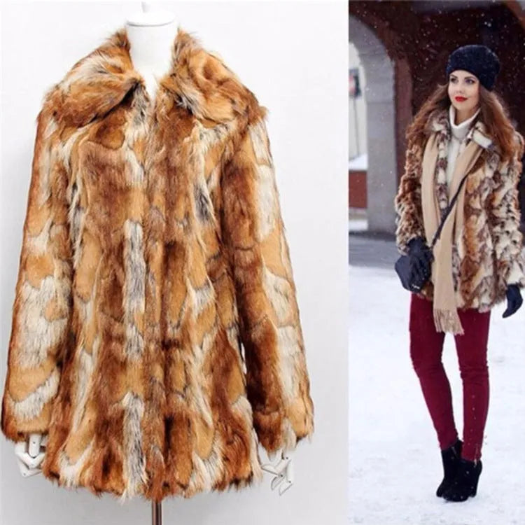 Women's tiger pattern faux fur jacket with long sleeves, shown in a medium 65cm length streetwear style.