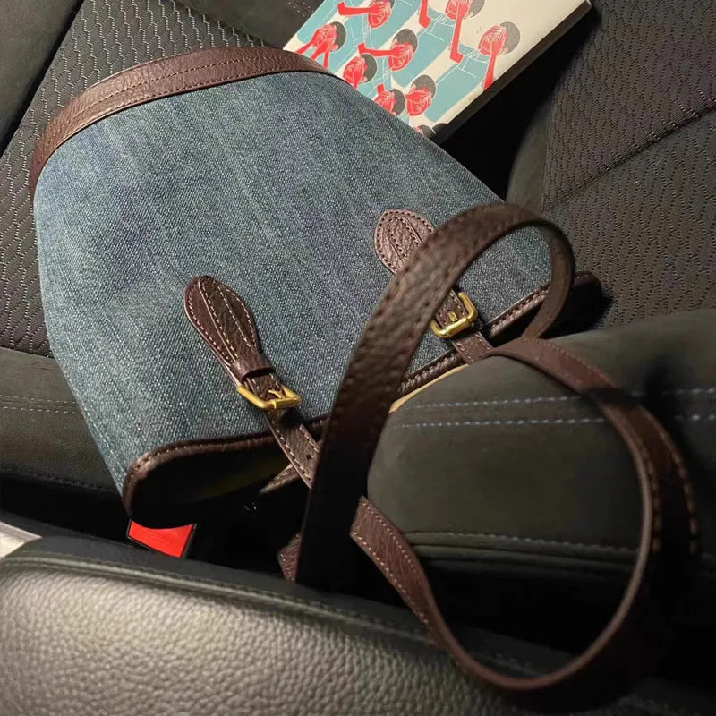 Denim patchwork one-shoulder bucket handbag with polyester construction