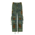 Retro colour loose cargo denim trousers with gradient pocket on model