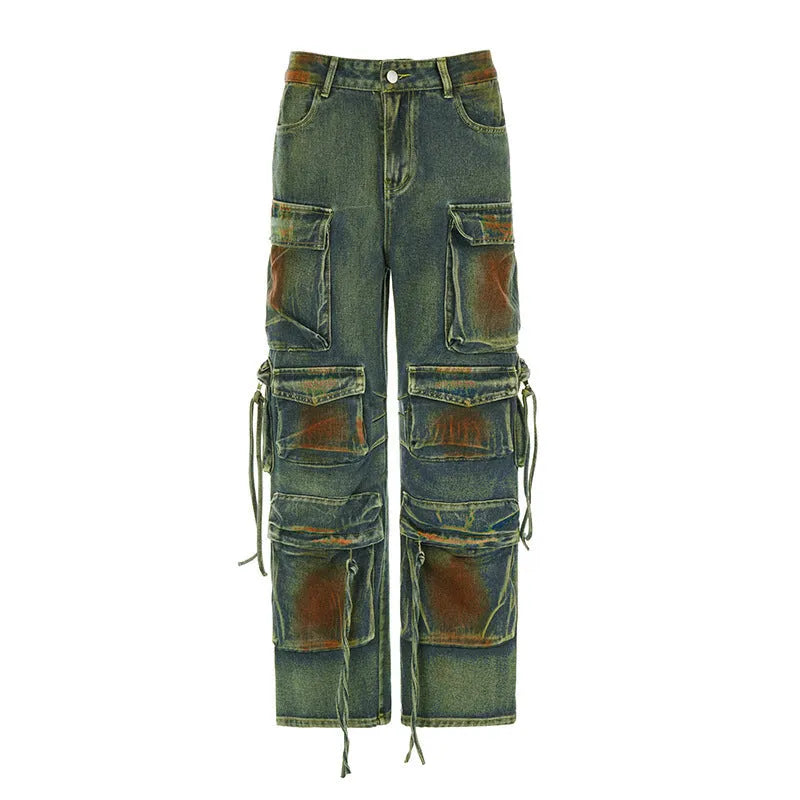 Retro colour loose cargo denim trousers with gradient pocket on model