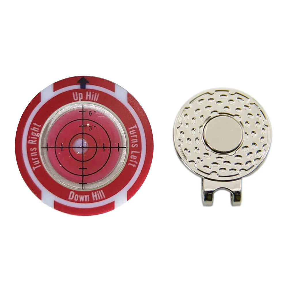 Golf level hat clip accessory with position mark in multiple colour options for distance measurement