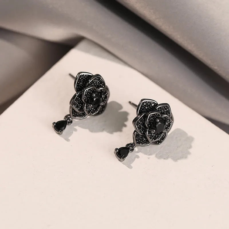 Black rose zircon flower ear studs with gold electroplating for pierced ears