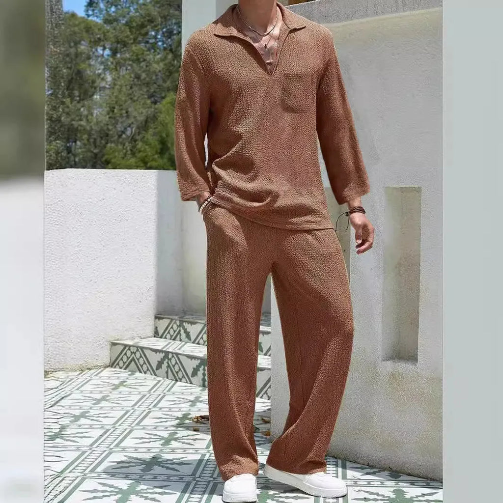 Men's casual shirt and trousers polyester suit set in lake blue colour for autumn wear.