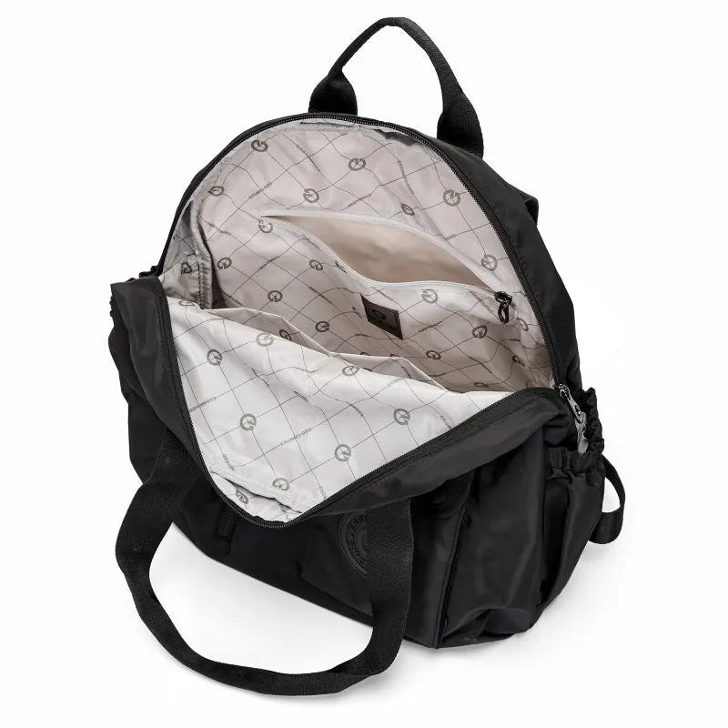 Outdoor large capacity nylon backpack in black with sandwich pockets and adjustable straps