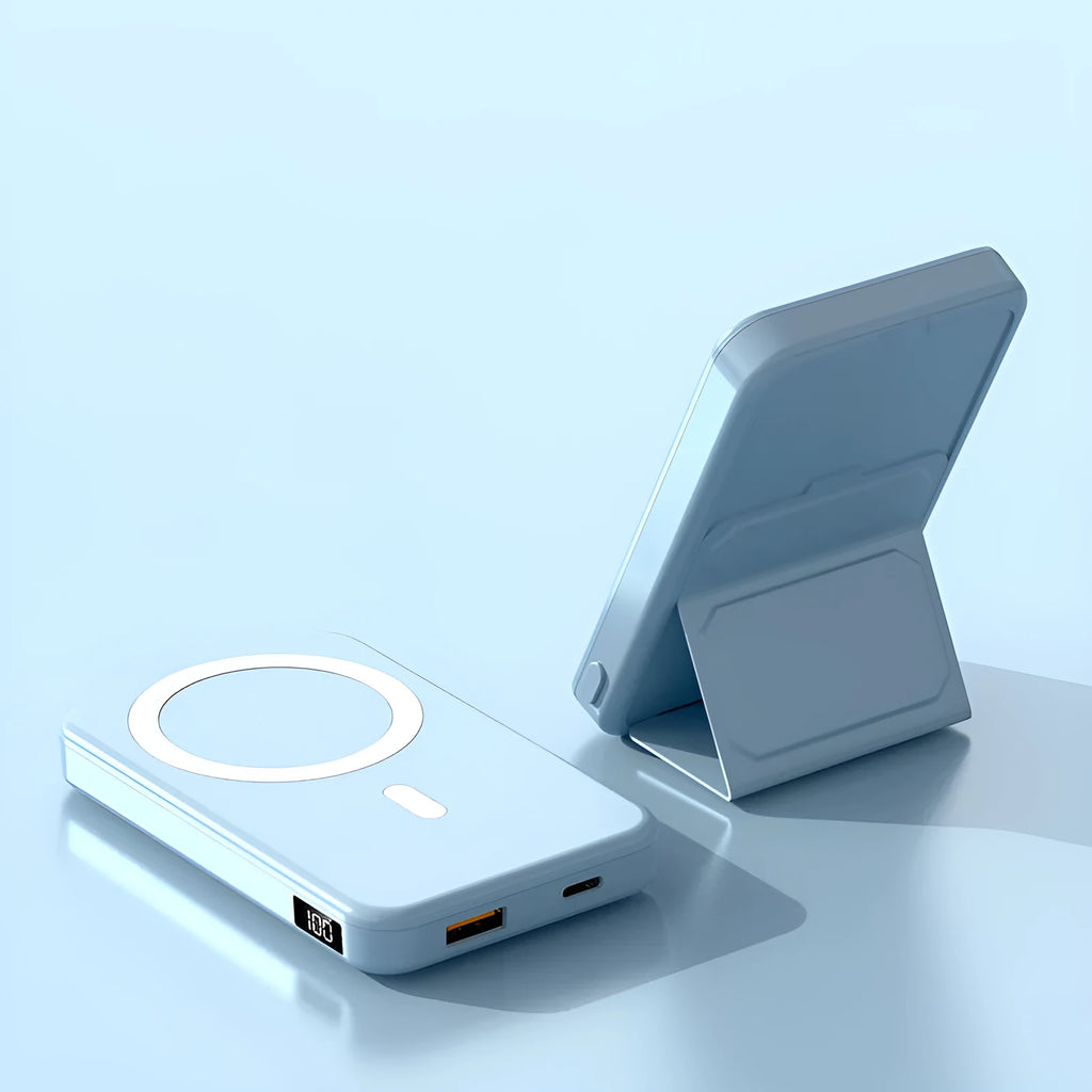 Magnetic suction wireless charging power bank with folding bracket shown in navy blue colour
