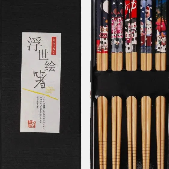 Five pairs of Japanese style bamboo chopsticks with lucky cat or elegant blue cartoon patterns