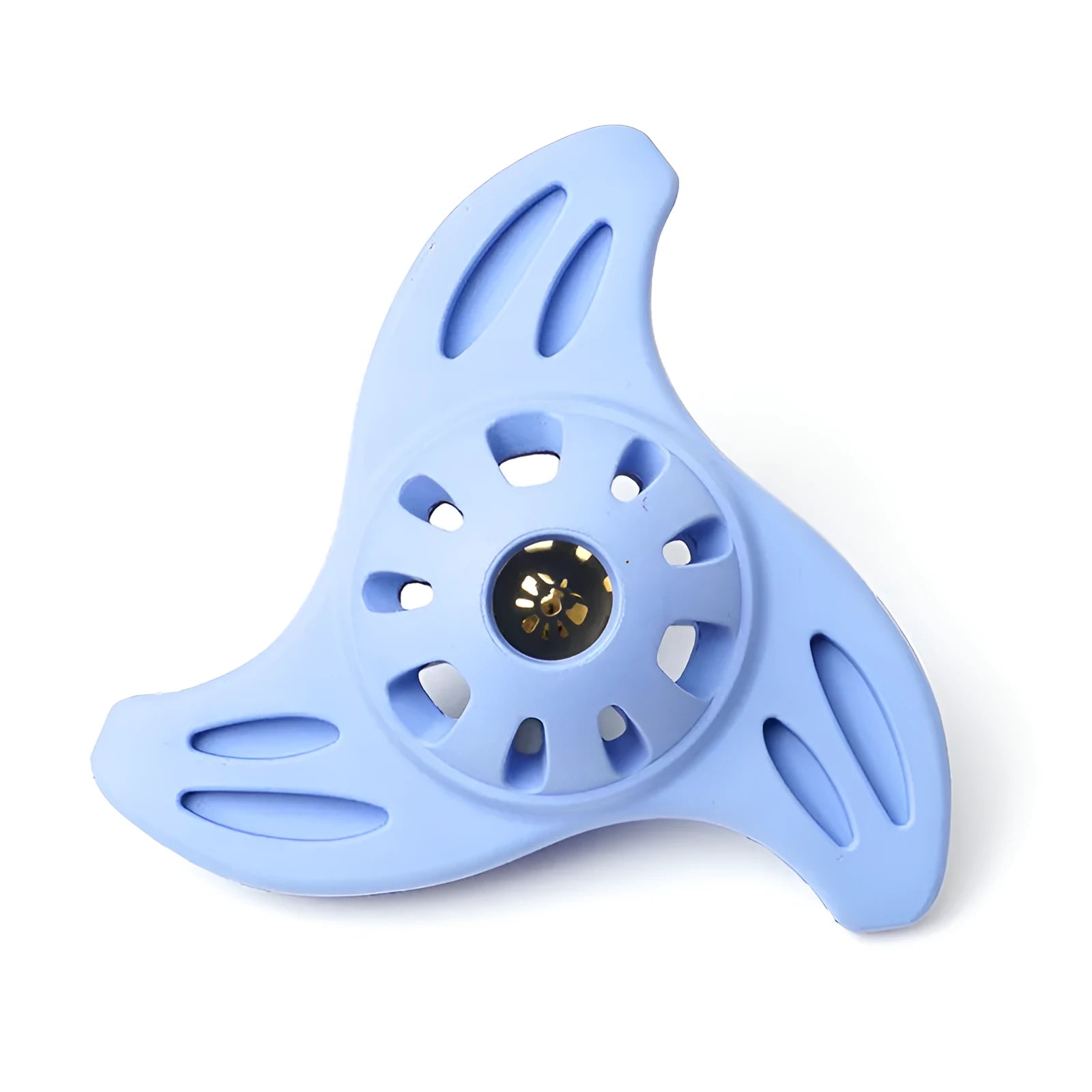 Blue boomerang-shaped bite resistant dog chew toy for large breeds on a plain background