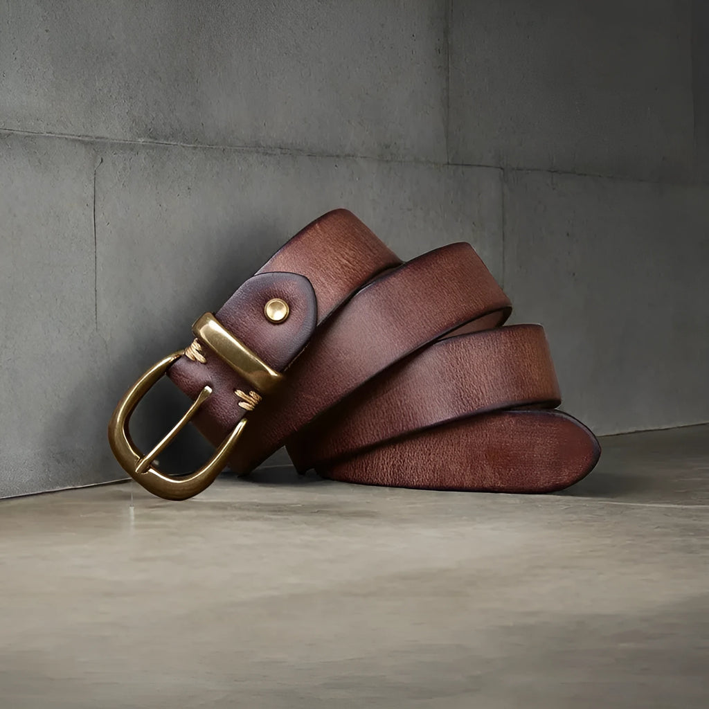 Men's genuine cowhide leather belt with copper pin buckle in black, brown, or khaki.