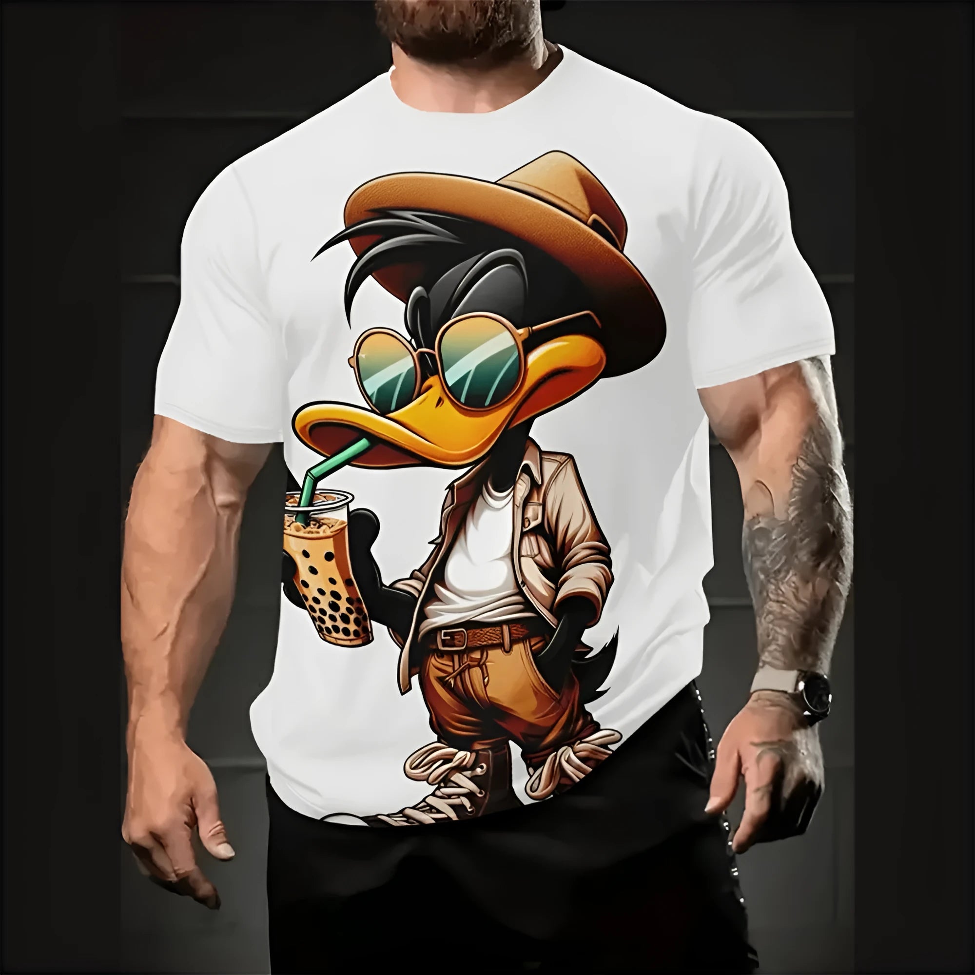 Men's casual loose shirt with cartoon 3D print design, short sleeves, pullover style