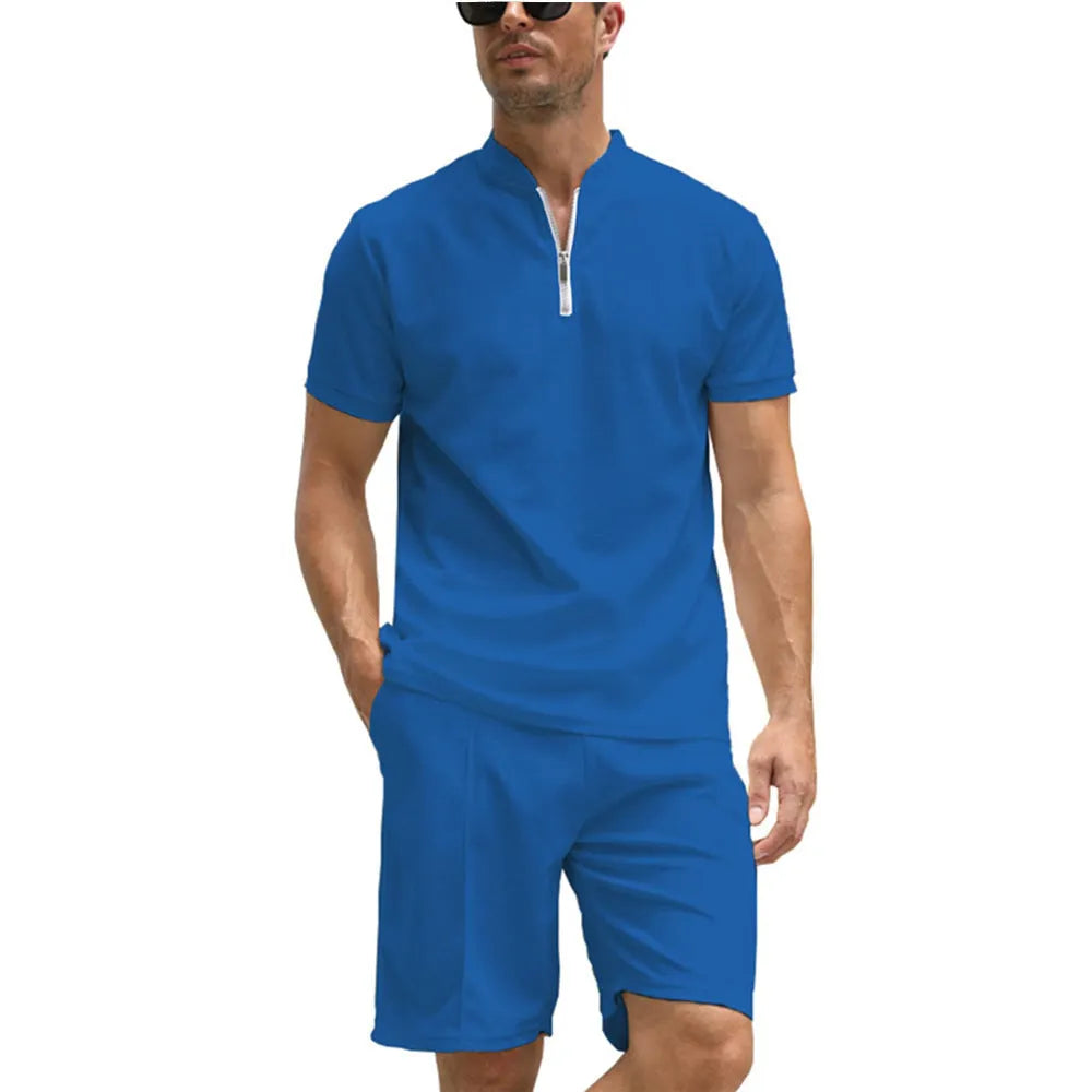 Men's solid colour polo shirt and trousers two-piece set in polyester beaded bird's eye fabric