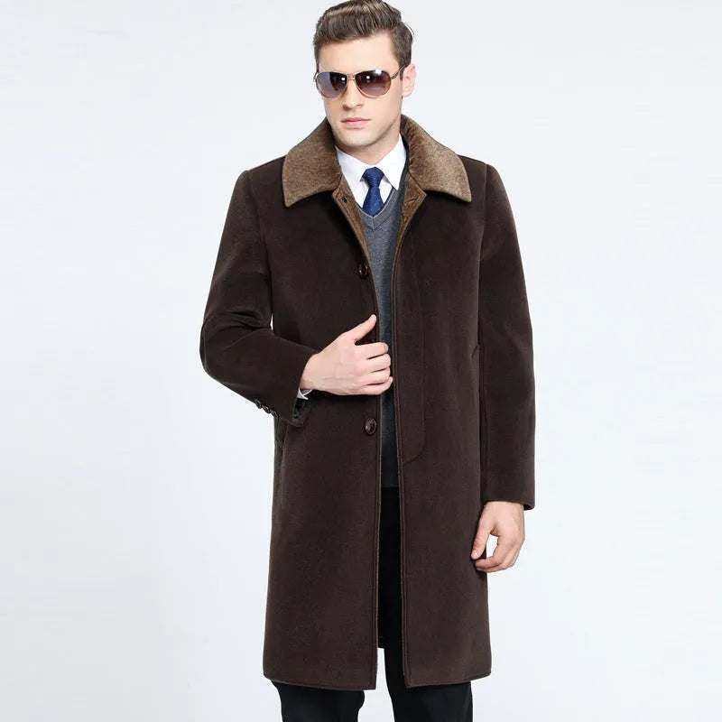 Men's medium long wool cashmere lapel coat in solid black, cardigan style, fit for business wear