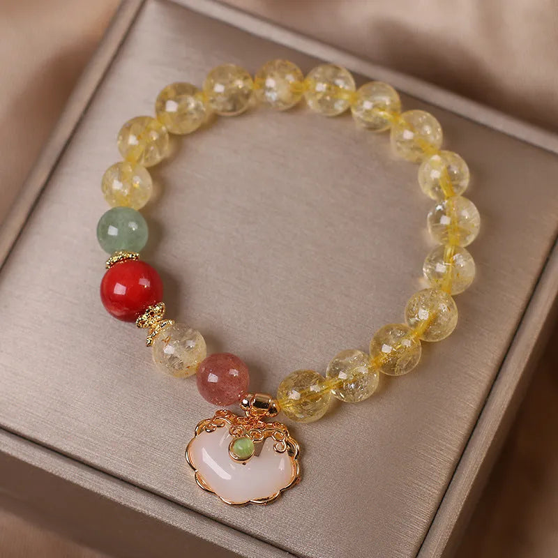 Women's bracelet with natural citrine jade ruyi pendant in yellow hair crystal on alloy chain