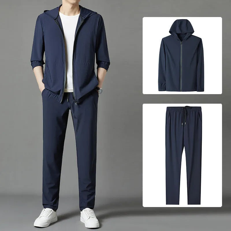 Korean sun-protective hooded suit in gray, loose casual thin nylon blend, summer sports set