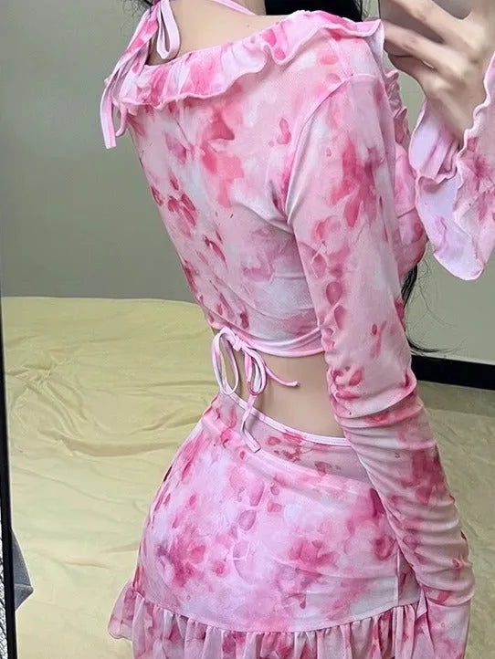 Women's floral bikini swimsuit in cherry blossom powder colour with matching top and bottom