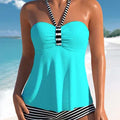 Black and white striped off-shoulder swimsuit with briefs cut and polyester lining