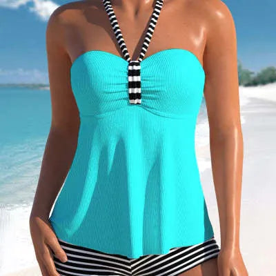 Black and white striped off-shoulder swimsuit with briefs cut and polyester lining