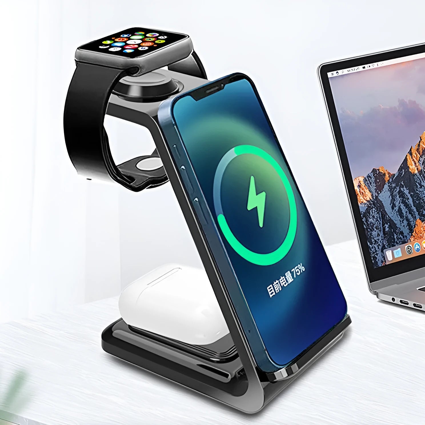 White 3-in-1 upright wireless phone charger with dual coil technology and Type-C cable