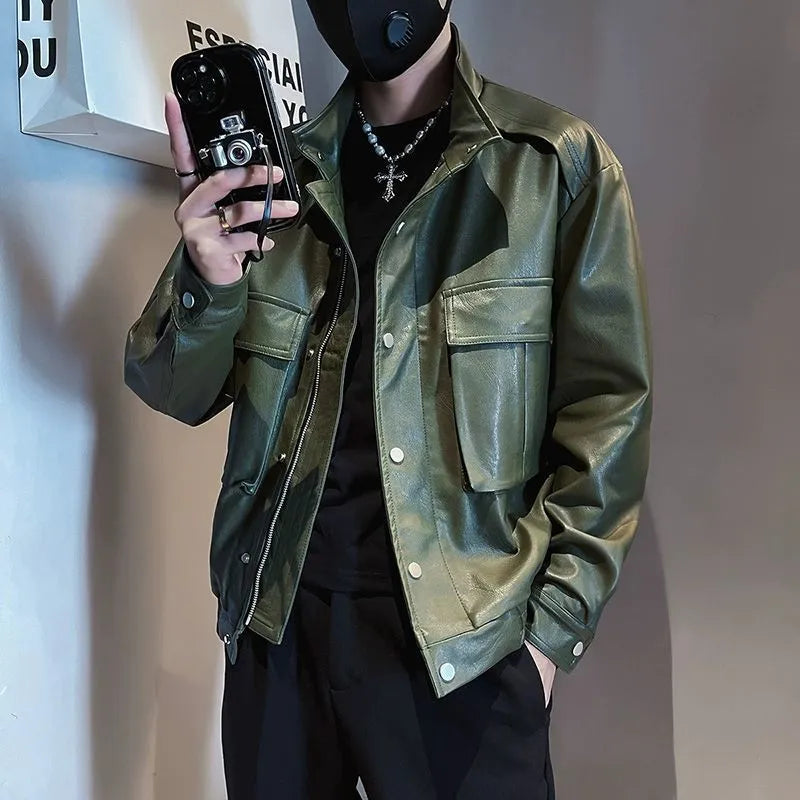 Men's black PU leather pilot jacket with side pockets and a straight hem.