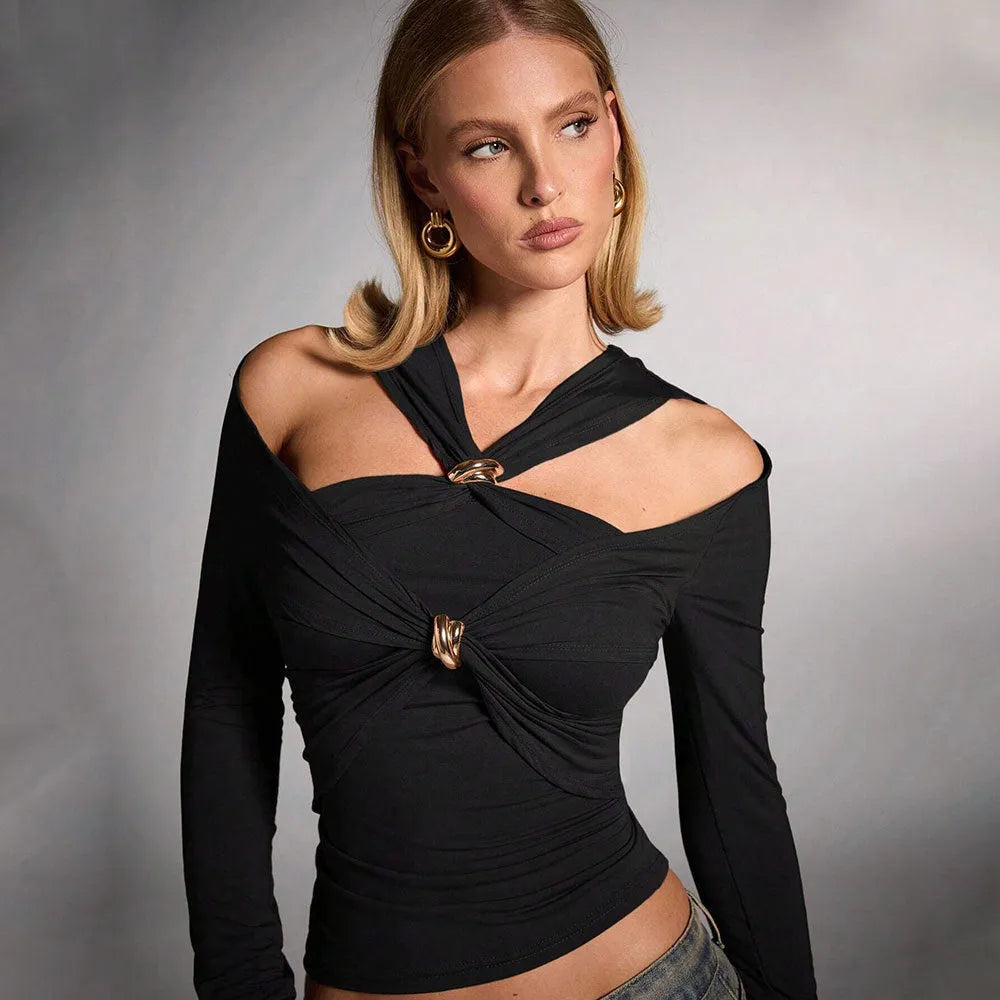 Black women's polyester halter top with slim fit, long sleeves, and shoulder-baring design