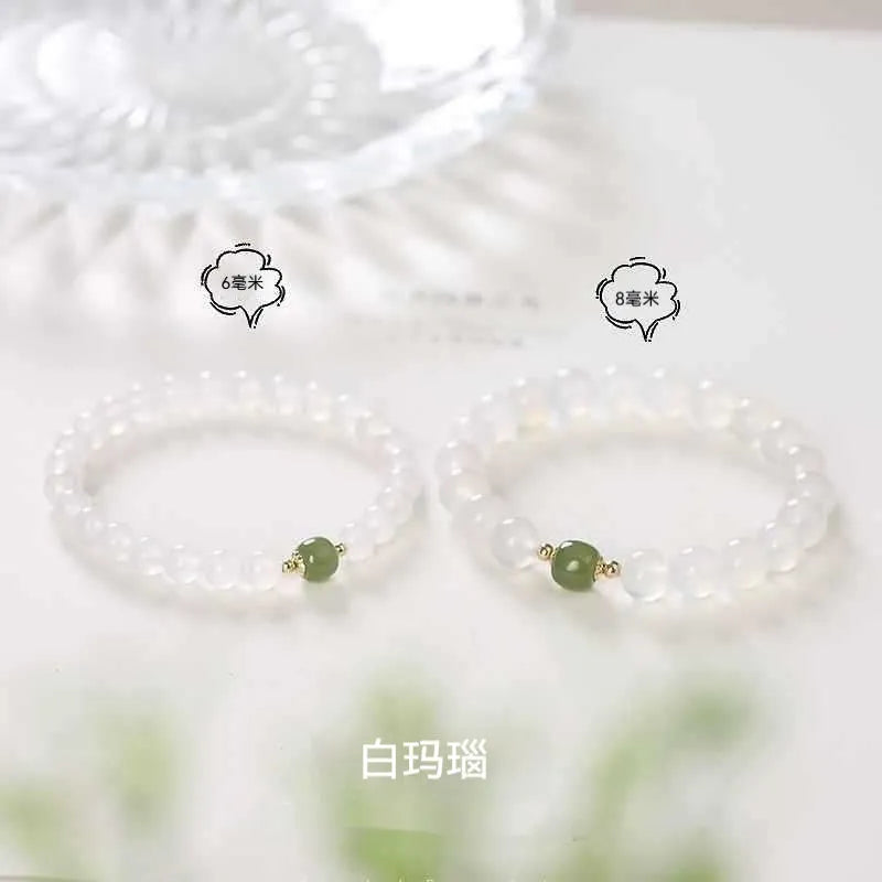 Handmade white agate and Hetian jade crystal bracelet with cinnabar accents in 6mm or 8mm bead sizes