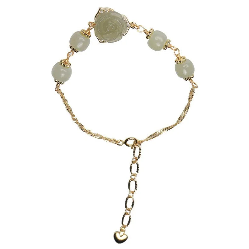 Women's bracelet with Hetian jade rose colour, floral shape, rose elements, and 14K gilded finish.