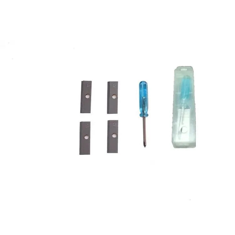 Four-hole geometric plastic pencil sharpener with included screwdriver on a white background.