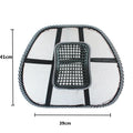 Black lumbar support pillow for car seat measuring 41 by 39 centimetres.