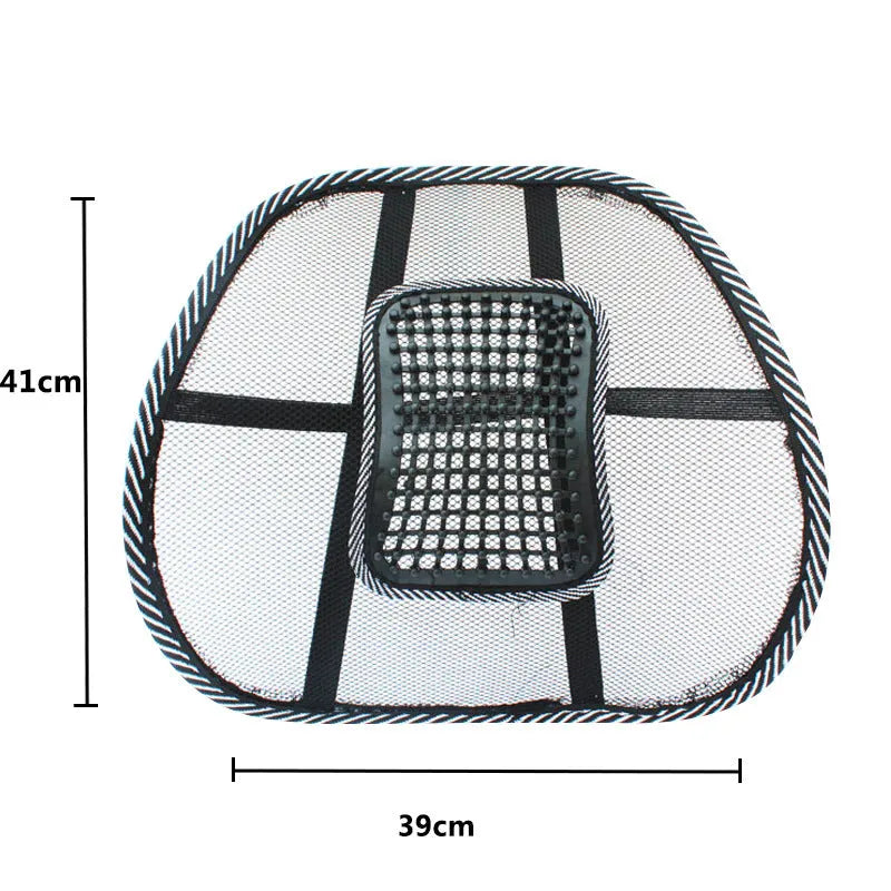 Black lumbar support pillow for car seat measuring 41 by 39 centimetres.