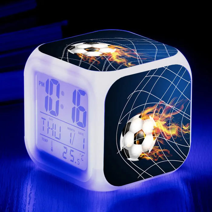 Square children's alarm clock with football pattern design and mute alarm function
