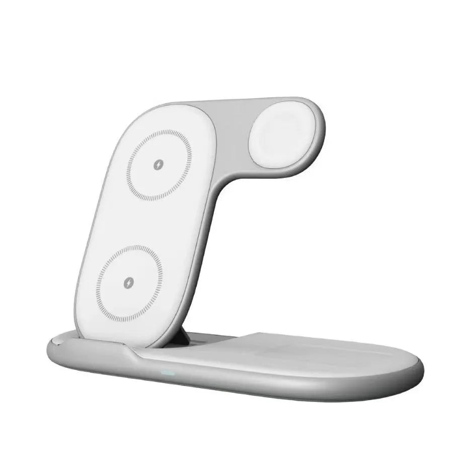 Foldable 3-in-1 magnetic wireless charger 15W in black on a desk