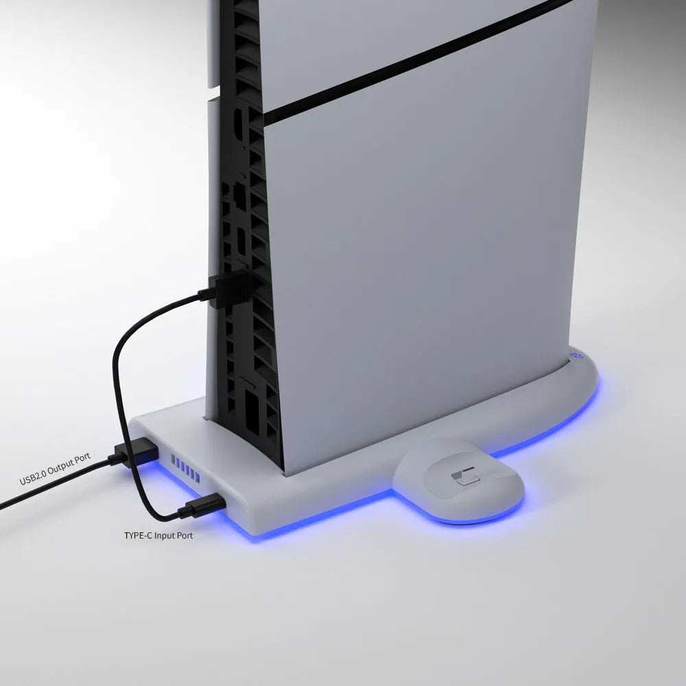 White PS5 Slim multifunctional cooler pad with charging dock and RGB lighting