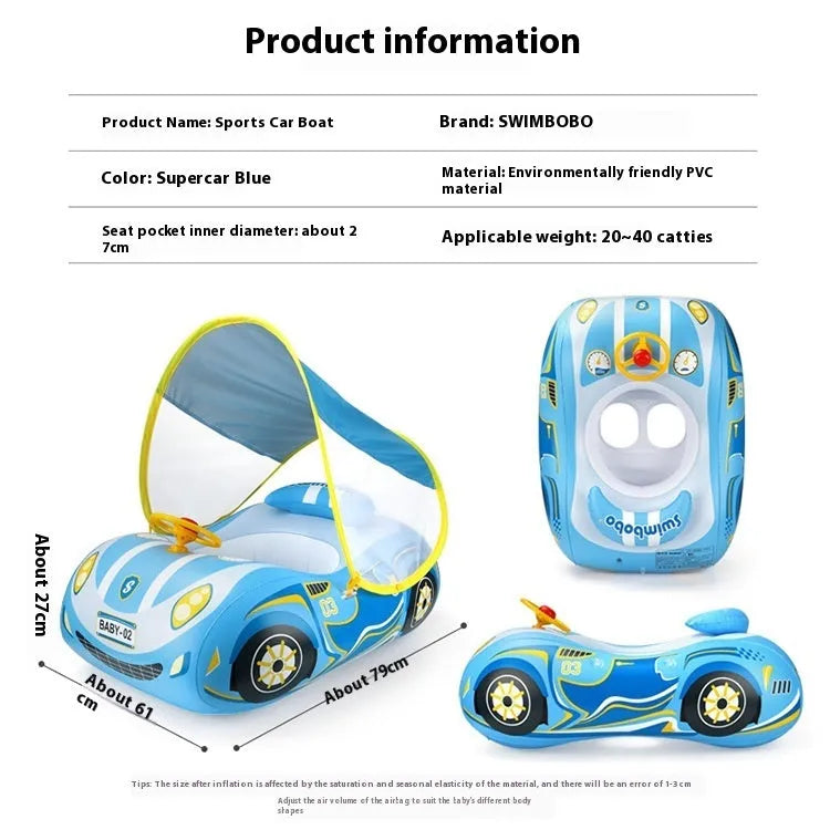 Inflatable children's swimming ring with mini steering wheel in pink sports car design