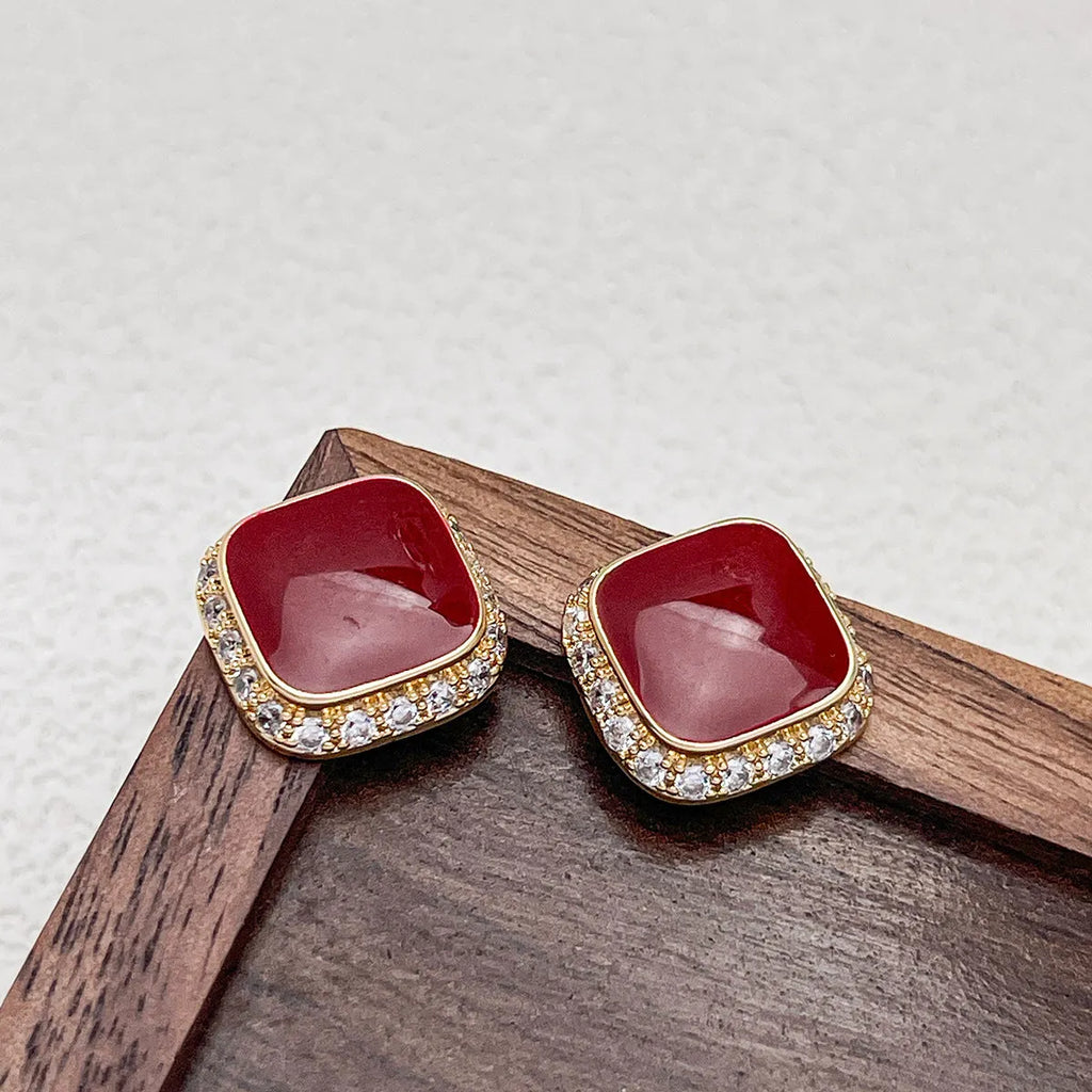 Geometric square alloy earrings with retro red colour for women