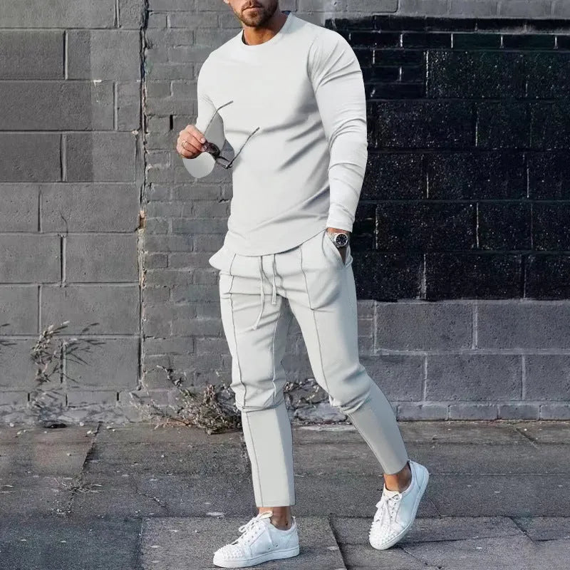 Men's light grey two-piece casual suit set with long sleeve round neck T-shirt and trousers