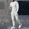 Men's light grey two-piece casual suit set with long sleeve round neck T-shirt and trousers