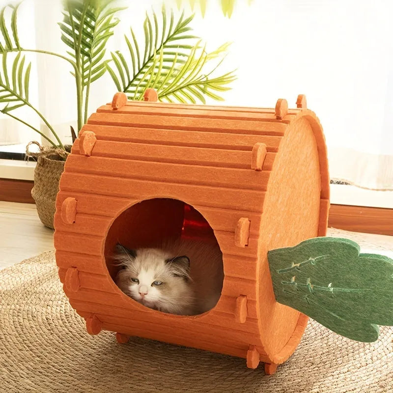 Carrot-shaped felt cat tunnel nest with ventilation holes in soft grey material